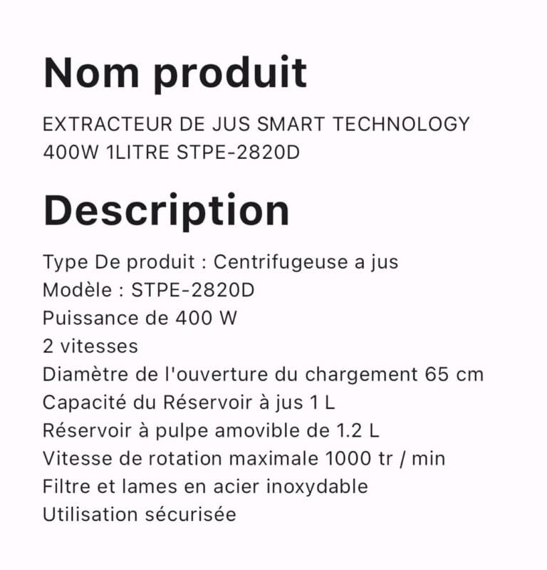 EXTRACTEUR DE JUS SMART TECHNOLOGY 400W 1LITRES STPE-2820D – Image 2