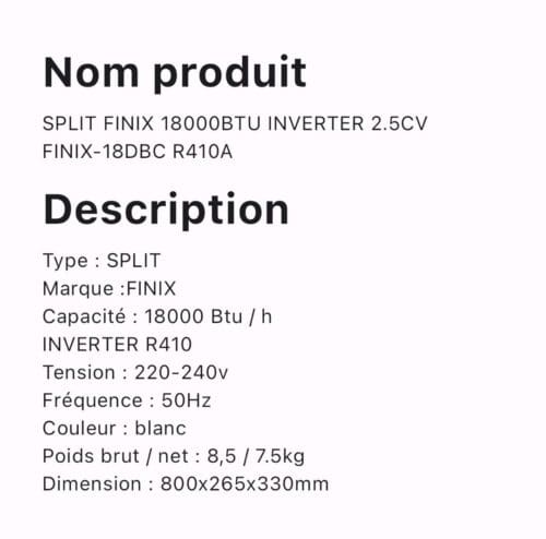 SPLIT FINIX 18000BTU INVERTER 2.5CV FINIX-18DBC R410A – Image 2