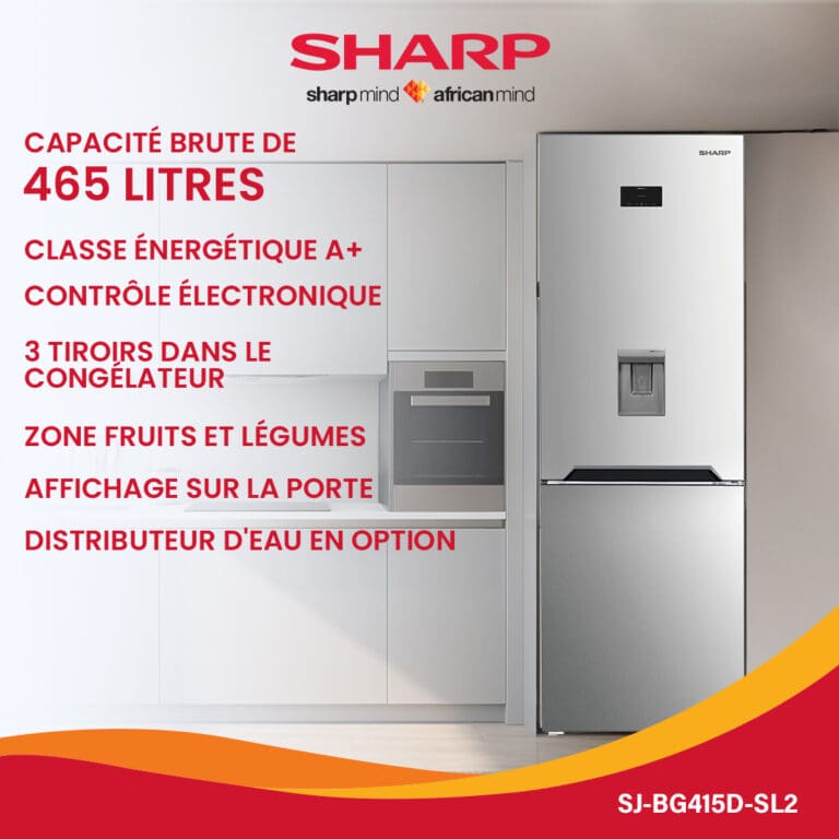 REFRIGERATEUR  SHARP COMBINÉ SJ-BG415D-HS2 (NON FROST/INOX/3T/FONTAINE) NOIRE ET GRIS