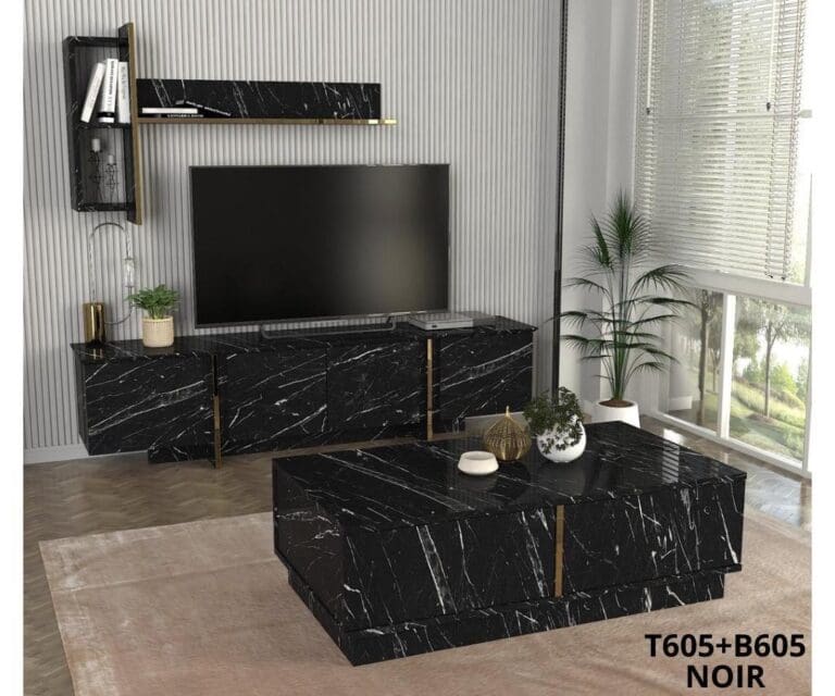 TABLE TELEVISEUR NABOU UNIT BLACK MARBLE T605 + TABLE BASSE B605