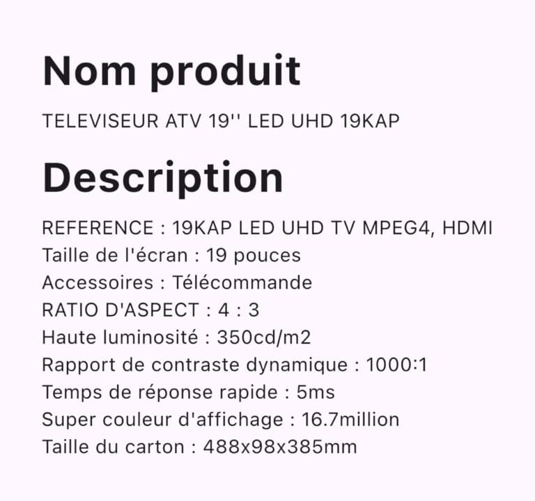 TELEVISEUR ATV 19POUCES LED UHD TV 19KAP – Image 2