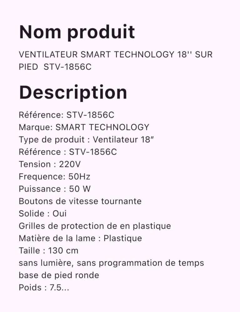 VENTILATEUR SMART TECHNOLOGY SUR PIED 18POUCES STV-1856C NOIR – Image 2