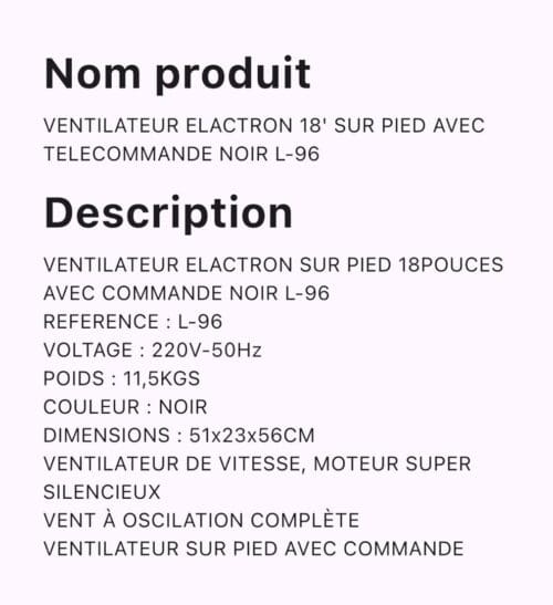 VENTILATEUR ELACTRON SUR PIED 18POUCES AVEC COMMANDE NOIR L-96 – Image 2