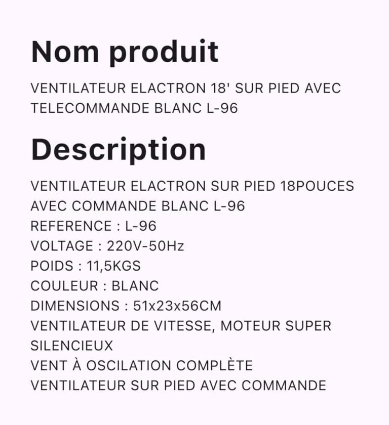 VENTILATEUR ELACTRON SUR PIED 18POUCES AVEC COMMANDE Blanc L-96 – Image 2