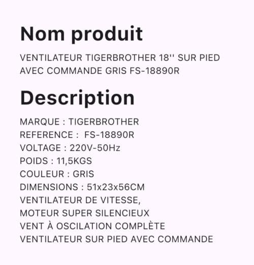 VENTILATEUR TIGERBROTHER SUR PIED AVEC COMMANDE GRIS FS-18890R – Image 2