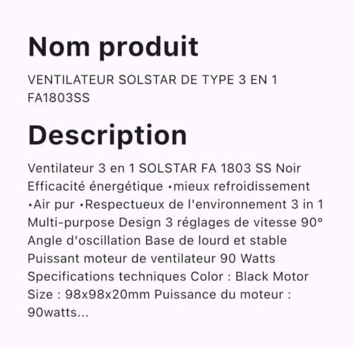 VENTILATEUR SOLSTAR DE TYPE 3 EN 1 FA1803SS – Image 2