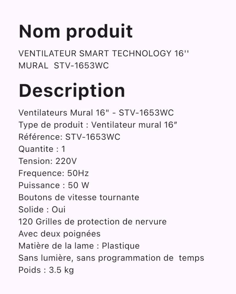 VENTILATEUR SMART TECHNOLOGY MURAL COMMANDE 16POUCES STV-1653WC – Image 2