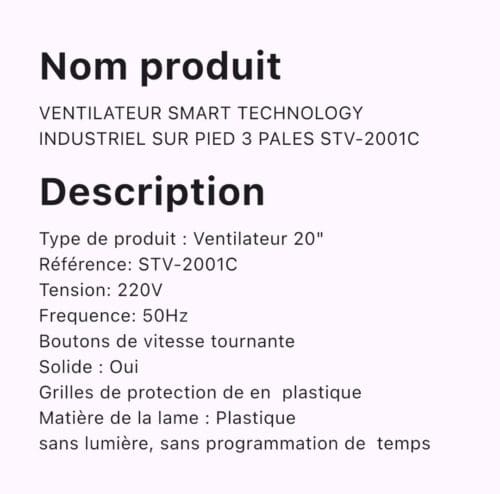 Ventilateur Smart Technology Industriel sur PIED 3Pales Stv-2001C – Image 2