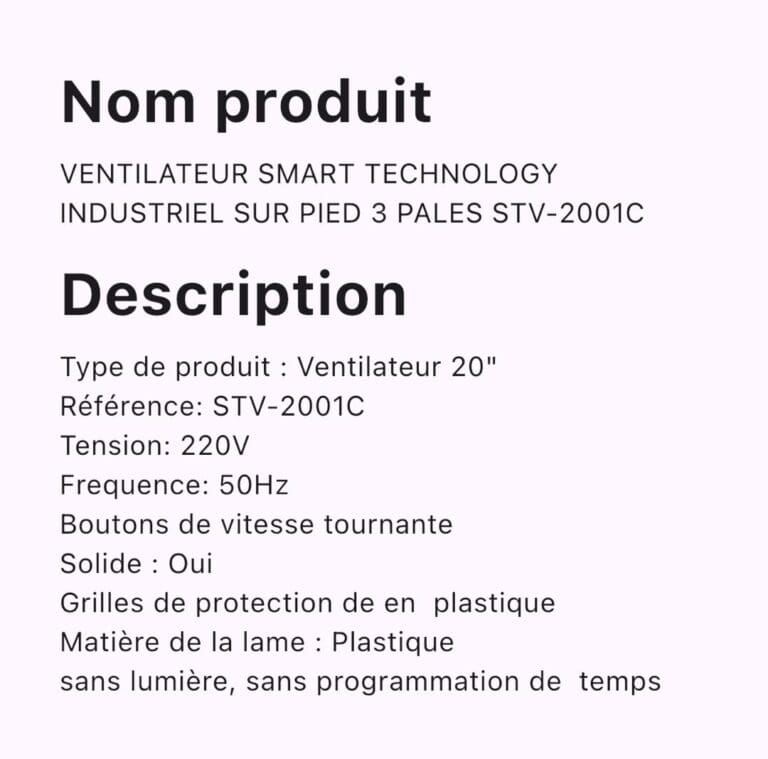 Ventilateur Smart Technology Industriel sur PIED 3Pales Stv-2001C – Image 2