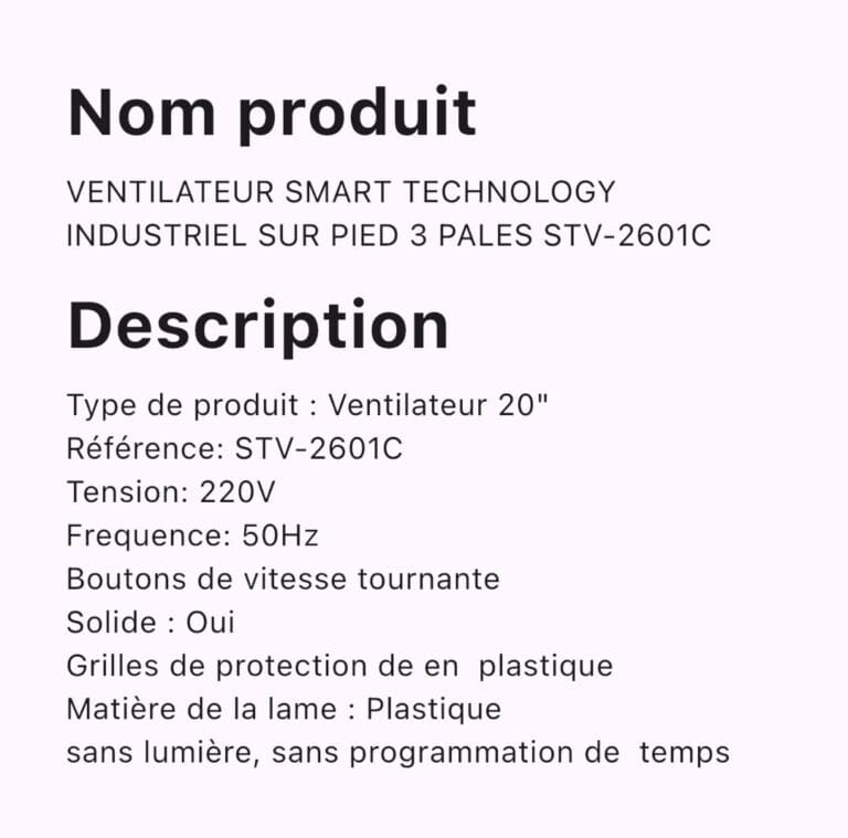 VENTILATEUR SMART TECHNOLOGY INDUSTRIEL SUR PIED 3PALES STV-2601C – Image 2