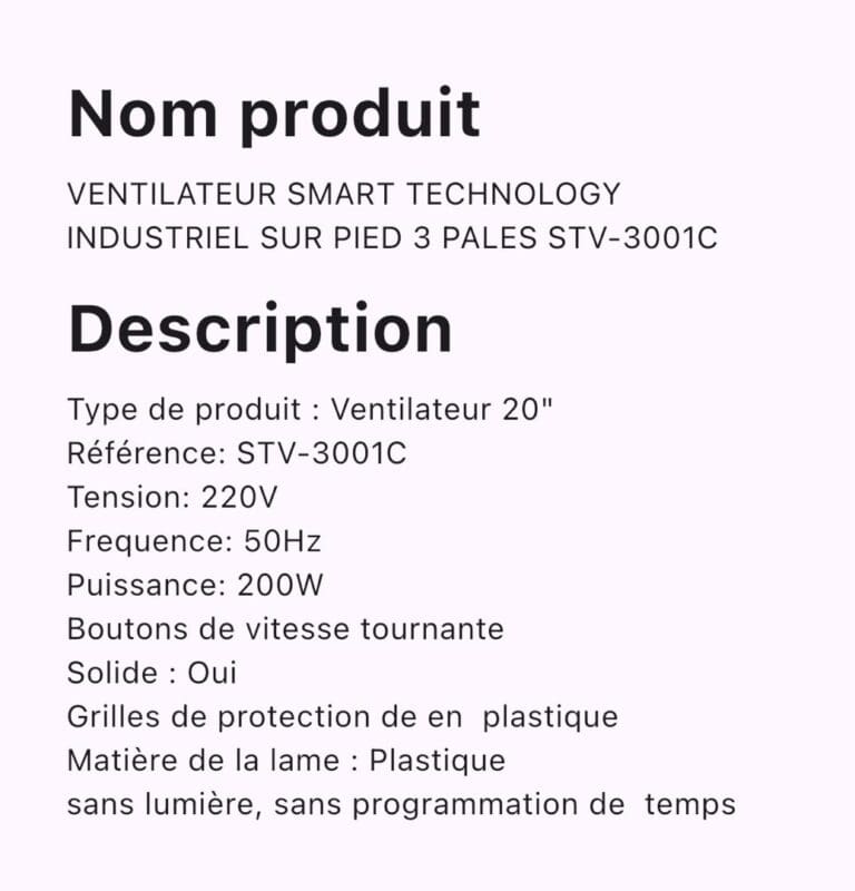 VENTILATEUR SMART TECHNOLOGY INDUSTRIEL SUR PIED 3PALES STV-3001C – Image 2