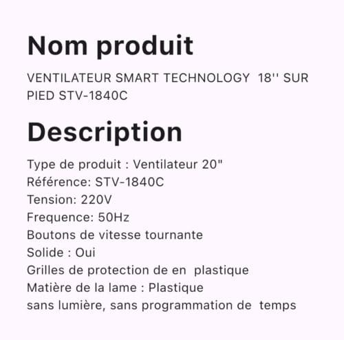 VENTILATEUR SMART TECHNOLOGY SUR PIED 18POUCES STV-1840C – Image 2