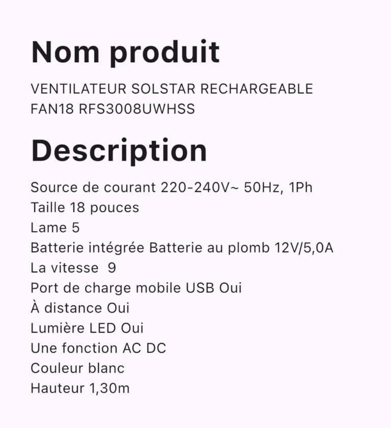 VENTILATEUR SOLSTAR RECHARGEABLE FAN18 RFS3008UWHSS – Image 2