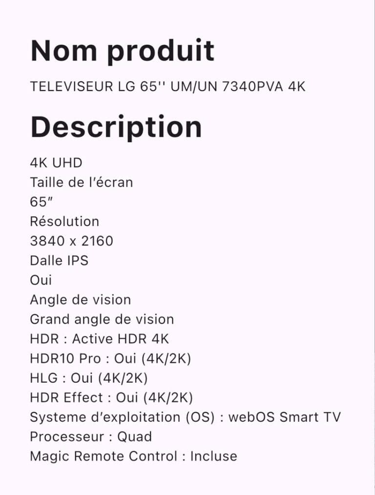 TELEVISEUR LG 65 UM/UN 7340PVA – Image 2