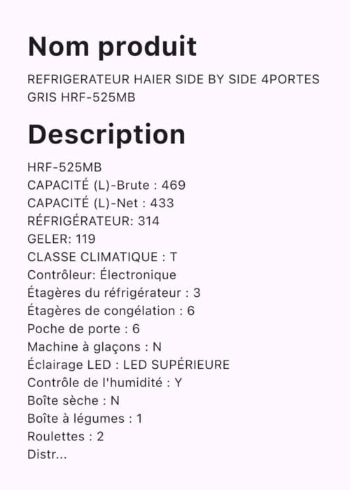 REFRIGERATEUR HAIER SIDE BY SIDE 4PORTES NO FROST 433L HRF-525MB – Image 4