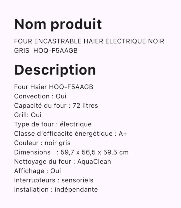 FOUR ENCASTRABLE HAIER ELECTRIQUE NOIR GRIS HOQ-F5AAGB – Image 4