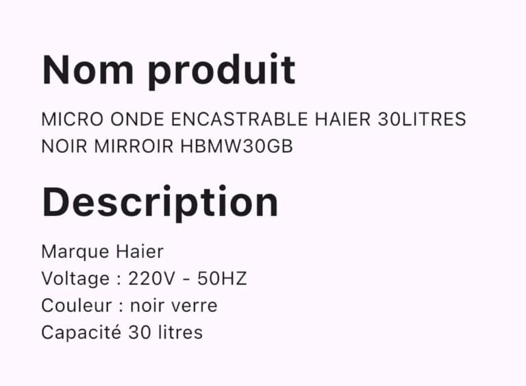 MICRO ONDE ENCASTRABLE HAIER 30LITRES NOIR GRIS HBMW30GSS – Image 2