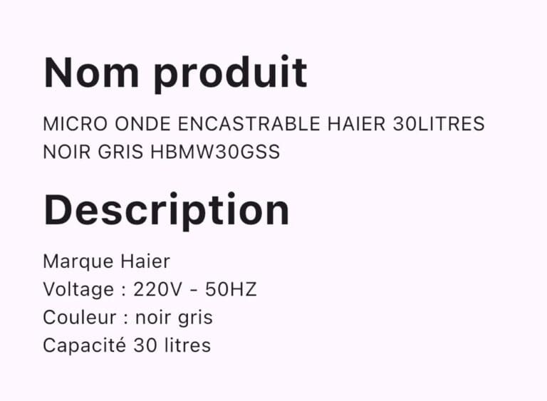 MICRO ONDE ENCASTRABLE HAIER 30LITRES NOIR GRIS HBMW30GSS – Image 2