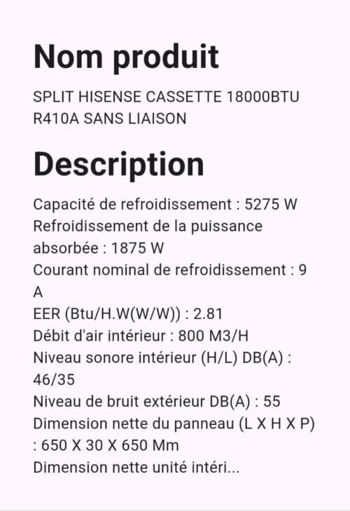 SPLIT HISENSE 18000 BTU CASSETTE SANS LIAISON R410A – Image 2