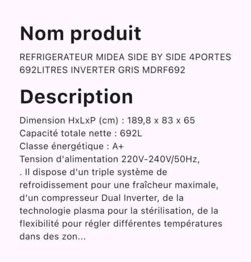 REFRIGERATEUR MIDEA SIDE BY SIDE 4PORTES 692L INVERTER MDRF692 – Image 4