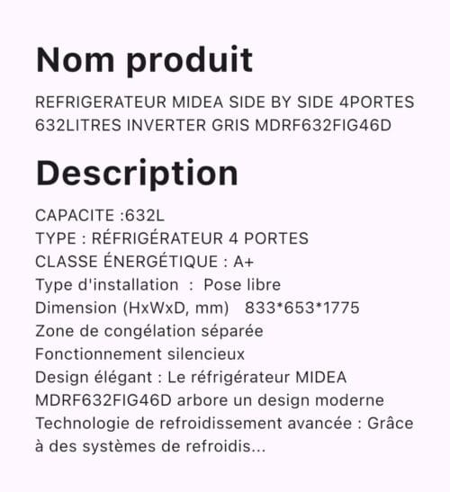 RÉFRIGÉRATEUR MIDEA SIDE BY SIDE 4PORTES INVERTER MDRF632FIG46D – Image 4