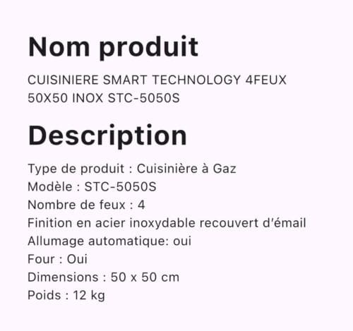 CUISINIERE SMART TECHNOLOGY 4FEUX 50X50 INOX STC-5050S – Image 4