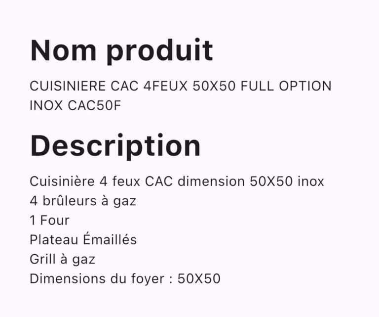 CUISINIERE CAC 4FEUX 50X50 FULL OPTION INOX CAC50F – Image 2