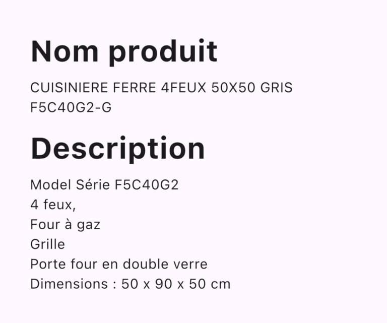 CUISINIERE FERRE 4FEUX 50X50 GRIS F5C40G2-G – Image 2