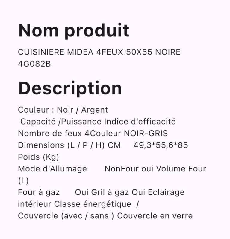 CUISINIERE MIDEA 4FEUX 50X55 NOIRE 4G082B – Image 2