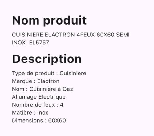 CUISINIERE ELACTRON 4FEUX 60X60 INOX EL5757 – Image 5