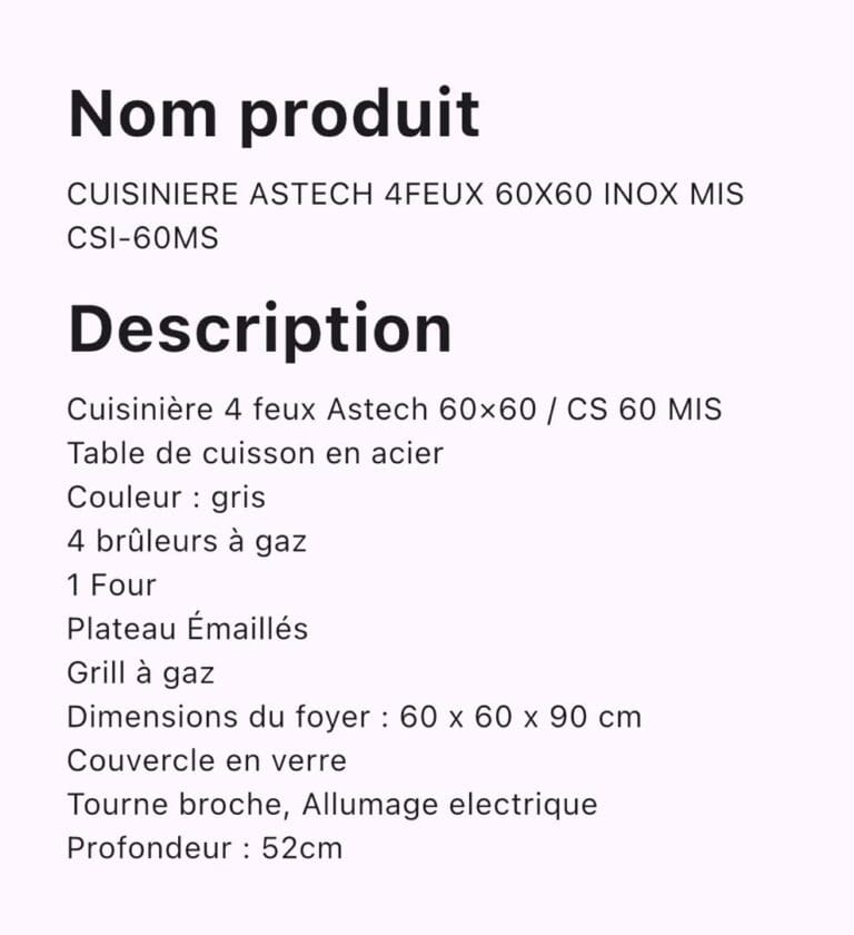 Cuisiniere ASTECH 4 Feux 60X60 CSI-60MS – Image 2