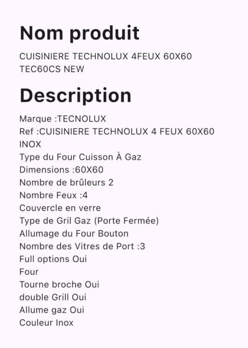 CUISINIERE TECHNOLUX 4FEUX 60X60 TEC6OCS NEW – Image 4