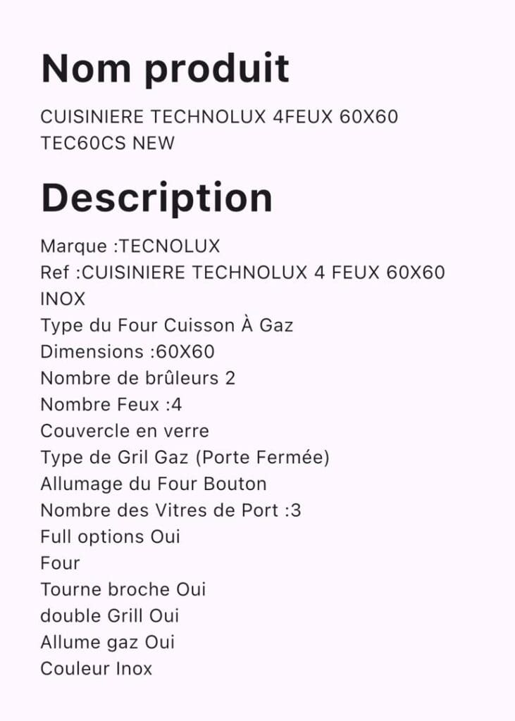 CUISINIERE TECHNOLUX 4FEUX 60X60 TEC6OCS NEW – Image 4