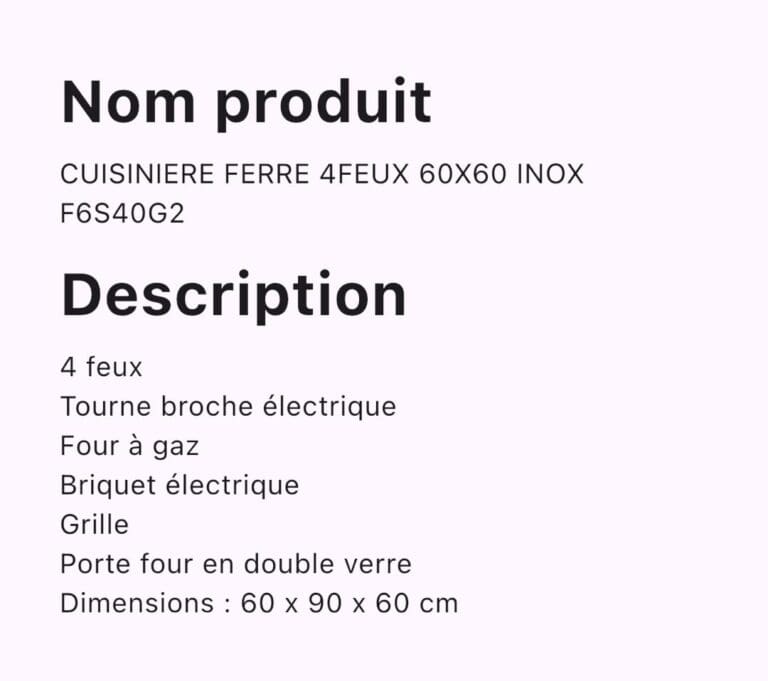 Cuisinière FERRE à gaz 4 feux 60/60 F6S40G2 Inox – Image 2