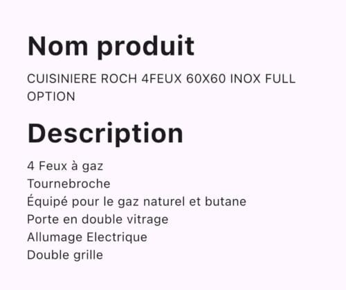 CUISINIERE ROCH 4FEUX 60X60 INOX FULL OPTION – Image 2