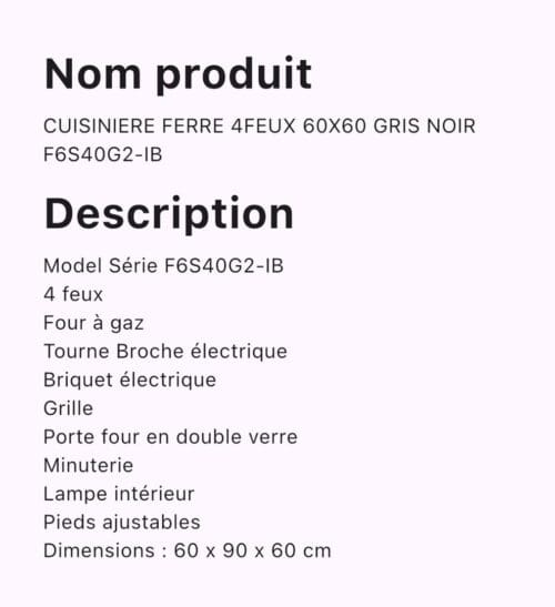 CUISINIERE FERRE 4FEUX 60X60 GRIS NOIR F6S40G2-1B – Image 5