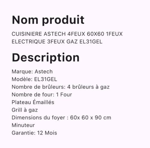 CUISINIERE ASTECH 4FEUX 60X60 1FEUX ELECTRIQUE 3FEUX GAZ EL31GEL – Image 2