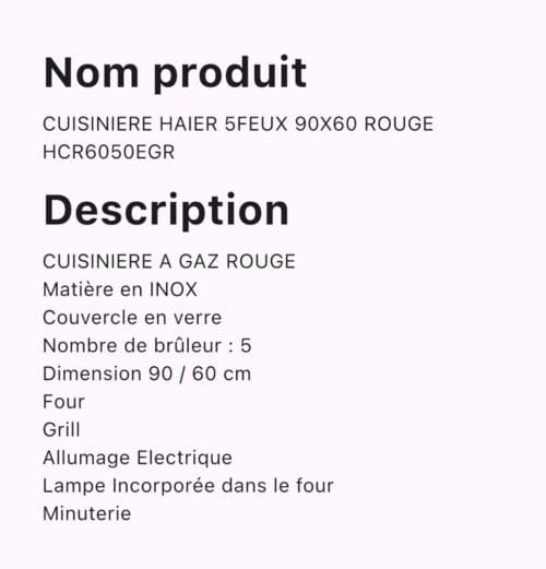 CUISINIERE HAIER 5FEUX 90X60 ROUGE HCR6050EGR – Image 2