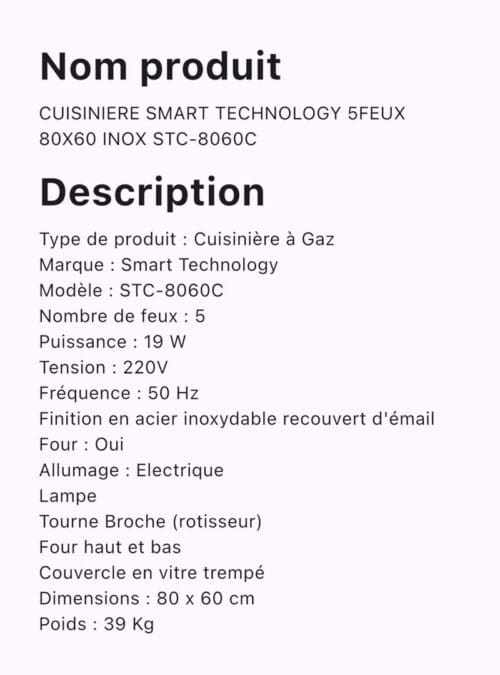 CUISINIERE SMART TECHNOLOGY 5FEUX 90X60 INOX STC-9060C – Image 3