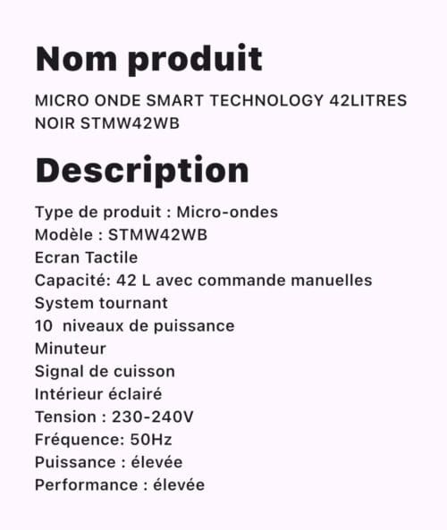 MICRO-ONDES SMART TECHNOLOGY  Noir 42LITRES (STMW-42WB) – Image 2