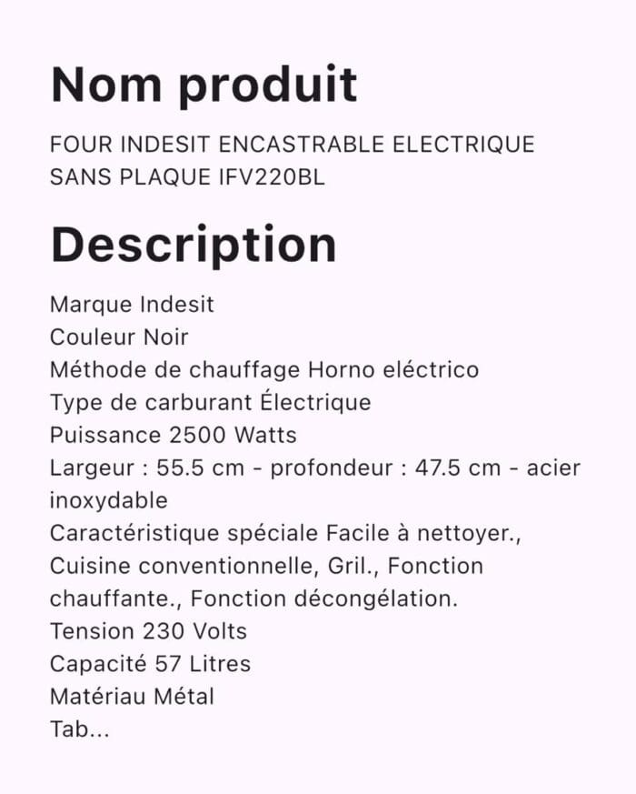 FOUR INDESIT ENCASTRABLE ELECTRIQUE SANS PLAQUE IFV220BL – Image 2