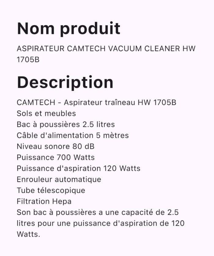 ASPIRATEUR CAMTECH VACUUM CLEANER HW 1705B – Image 2