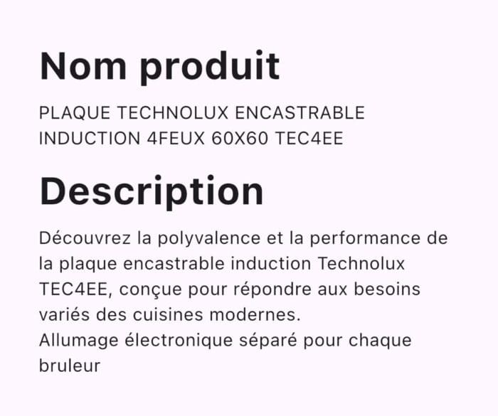 PLAQUE TECHNOLUX ENCASTRABLE INDUCTION 4FEUX 60X60 TEC4EE – Image 2