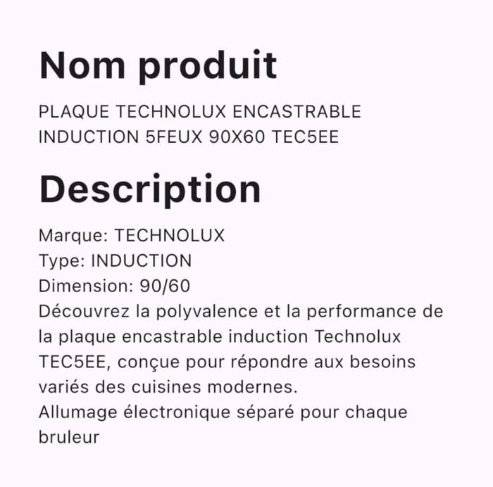 PLAQUE TECHNOLUX ENCASTRABLE INDUCTION 5FEUX 90X60 TEC5EE – Image 2