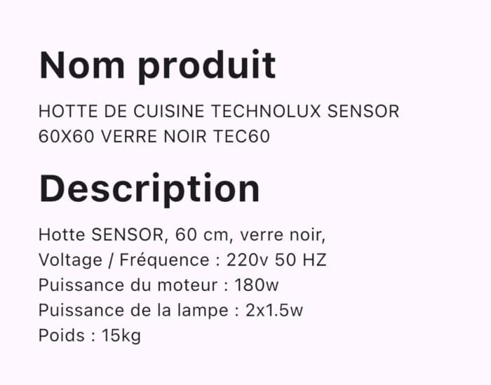 HOTTE DE CUISINE TECHNOLUX SENSOR 60X60 VERRE NOIR TEC60 – Image 2