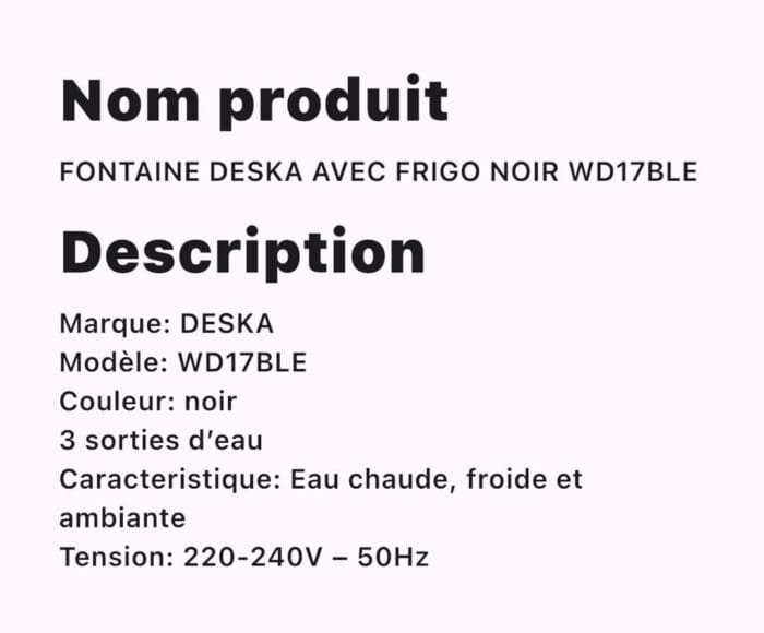 FONTAINE DESKA AVEC FRIGO BLANC WD17BLE – Image 2