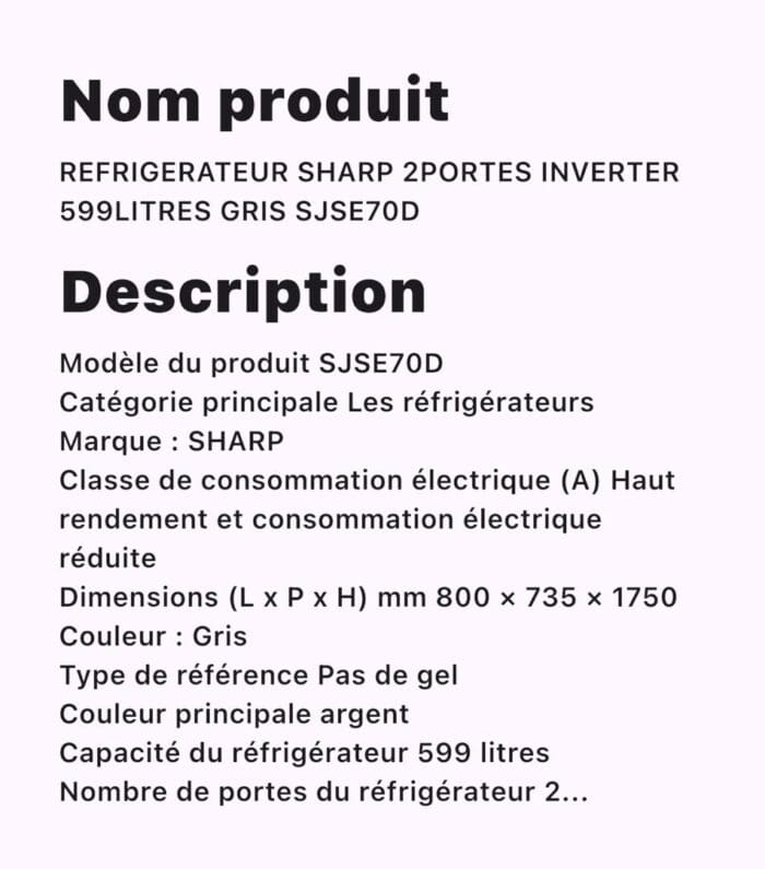 REFRIGERATEUR SHARP 2PORTES INVERTER 599LITRES GRIS SJSE70D – Image 2