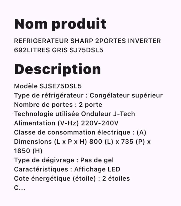 REFRIGERATEUR SHARP 2PORTES INVERTER 692LITRES GRIS SJ75DSL5 – Image 2