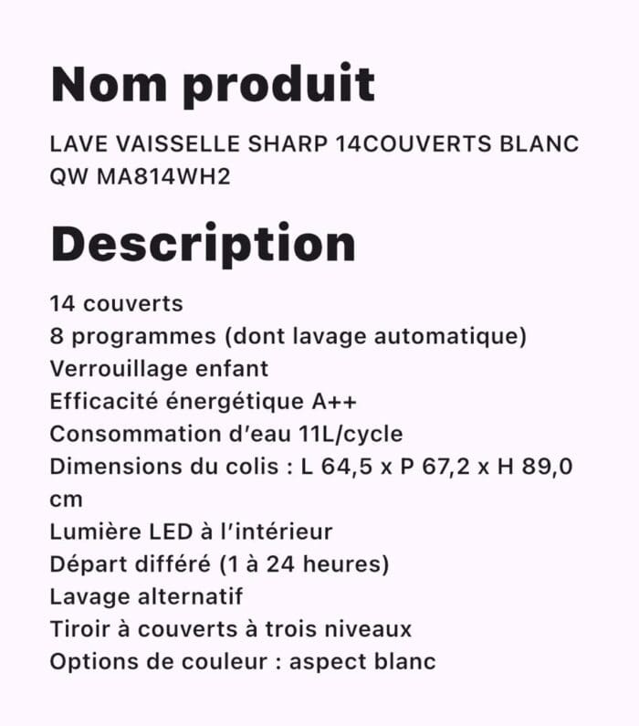 LAVE VAISSELLE SHARP 14COUVERTS BLANC QW MA814WH2 – Image 2