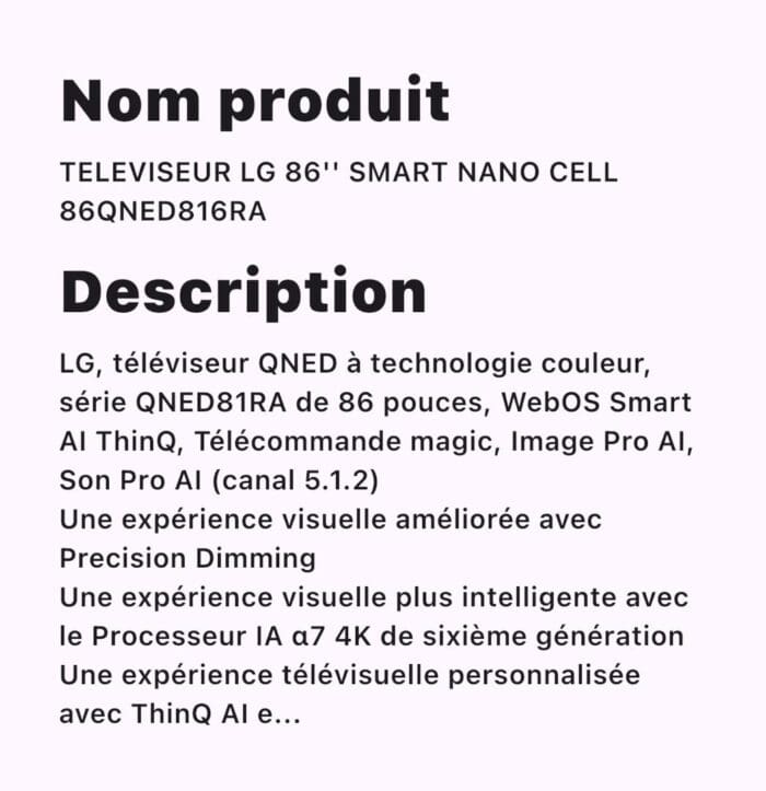 TELEVISEUR LG 86¨ SMART NANO CELL  86QNED816RA – Image 2